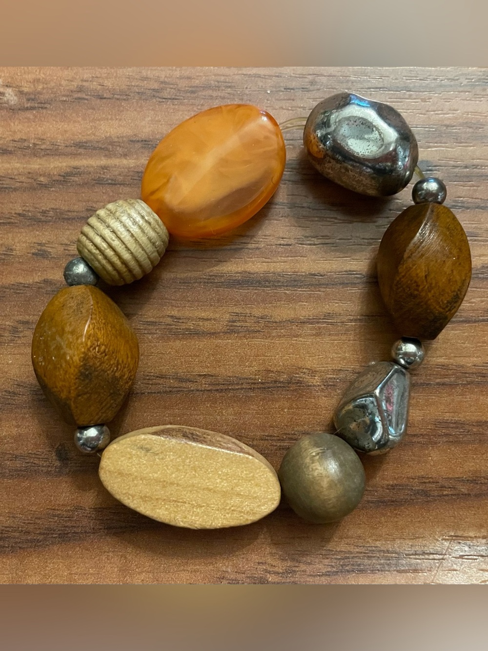 Handcrafted Wood Bead Stretch Bracelet - Brown/Gold Tones